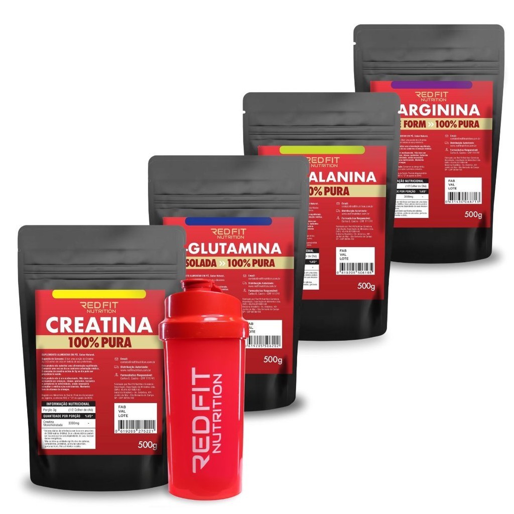 Kit Suplemento Red Fit Nutrition Creatina 500g L-Glutamina 500g L-Arginina 500g Beta-Alanina 500g