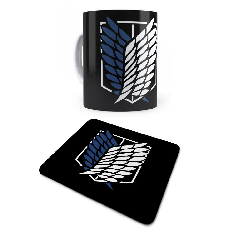 Kit 1 Caneca e 1 Mouse Pad Emblema Logo Attack on Titan Preto LC