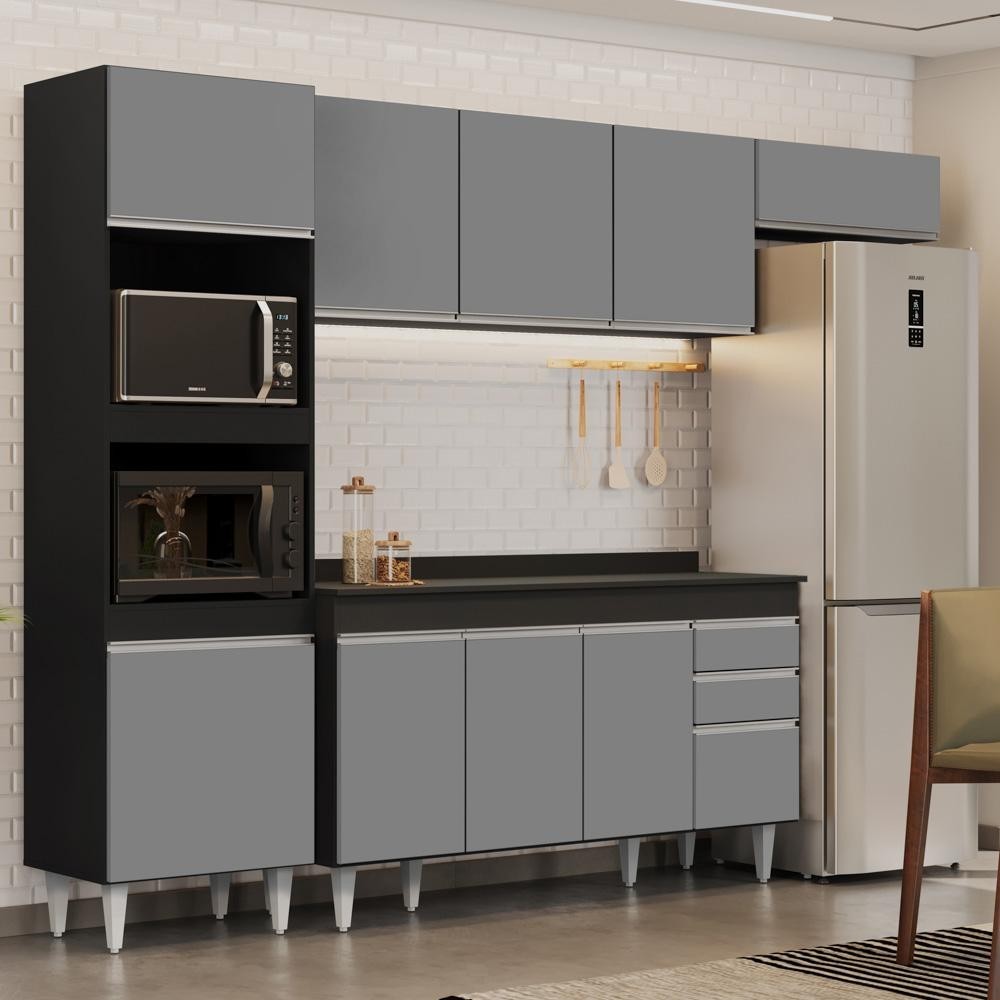 Armário de Cozinha Modulada 4 Peças CP11 Balcão com Tampo Preto/Cinza - Lumil em Oferta na Shopee