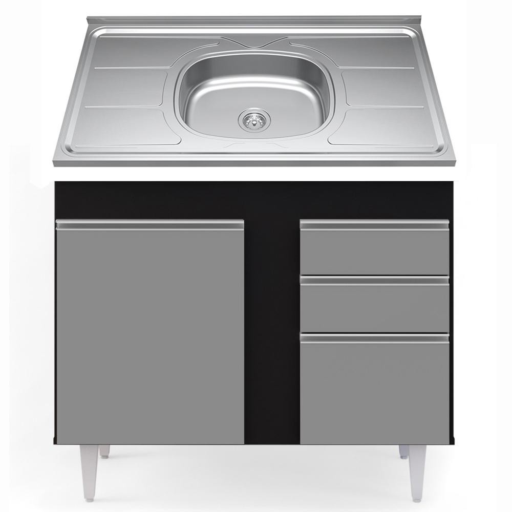 Balcão Gabinete Com Pia Inox 100cm 2 Portas 2 Gavetas Luziania Preto/Cinza - Lumil em Oferta na Shopee