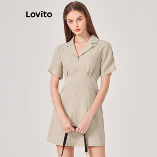 Lovito Casual Vestido Feminino Liso Plissado com Botão L71ED140 (Cáqui)