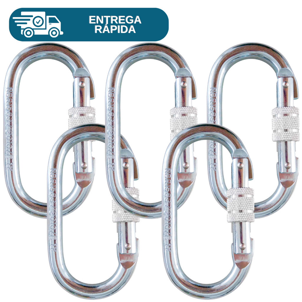 Kit 5 Mosquetão Aço Oval Rosca 23kn Dupla Trava De Segurança Trabalho Em Altura Escalada Alpinismo