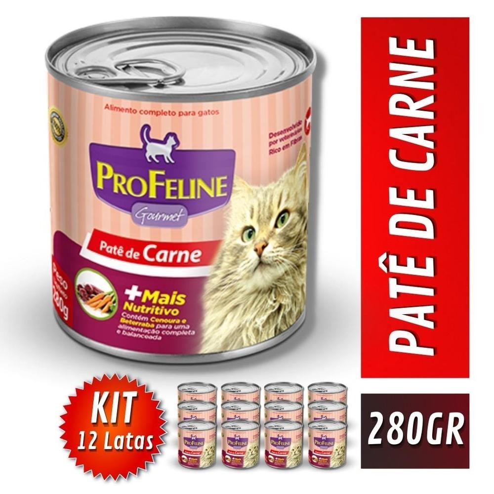 Kit 12 Latas Ração Úmida para Gatos Patê de Carne 280GR