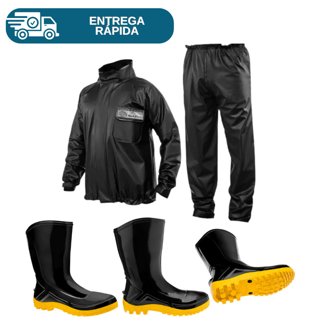 Conjunto De Chuva Motoqueiro Blusão E Calça Preto + Bota Pvc Solado Amarelo Motociclista Motoboy Impermeável