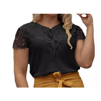 Blusa Camisa Plus Size G2 Preta Manga Curta Renda Social Moda Evangelica Laço bordada pérola