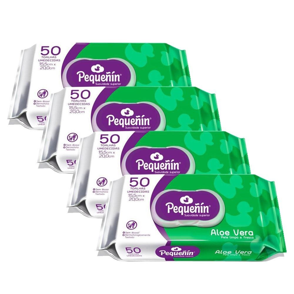 Kit 4 Toalhas Umedecidas Pequeñin Aloe Vera 50un cada em Oferta na Shopee