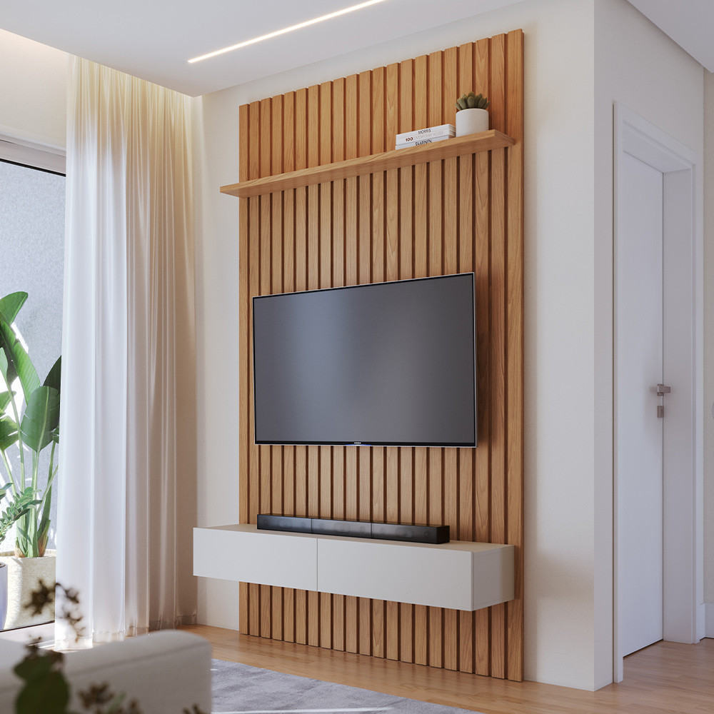 Painel Para TV 65 Pol Ripado com Bancada 140cm C04 Canadá Freijó Off White Matte - Lyam Decor em Oferta na Shopee
