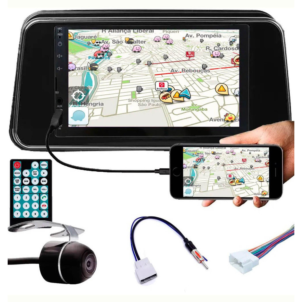 Multimídia Kicks PCD Espelhamento Bluetooth USB SD Card + Interface Volante + Moldura + Chicotes + Câmera Ré