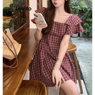 Lovito Vestido Casual Xadrez De Ombro Frio Para Mulheres LNA38277 (Vermelho)