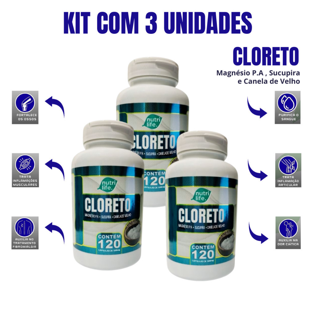 3/uni Cloreto De Magnésio P.a + Sucupira +  Canela De Velho 120 Cápsulas 500 mg 