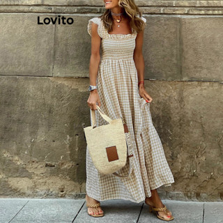 Lovito Boho Vestido Feminino com Babado Estampa Xadrez Vichy LNL37021 (Off-White)