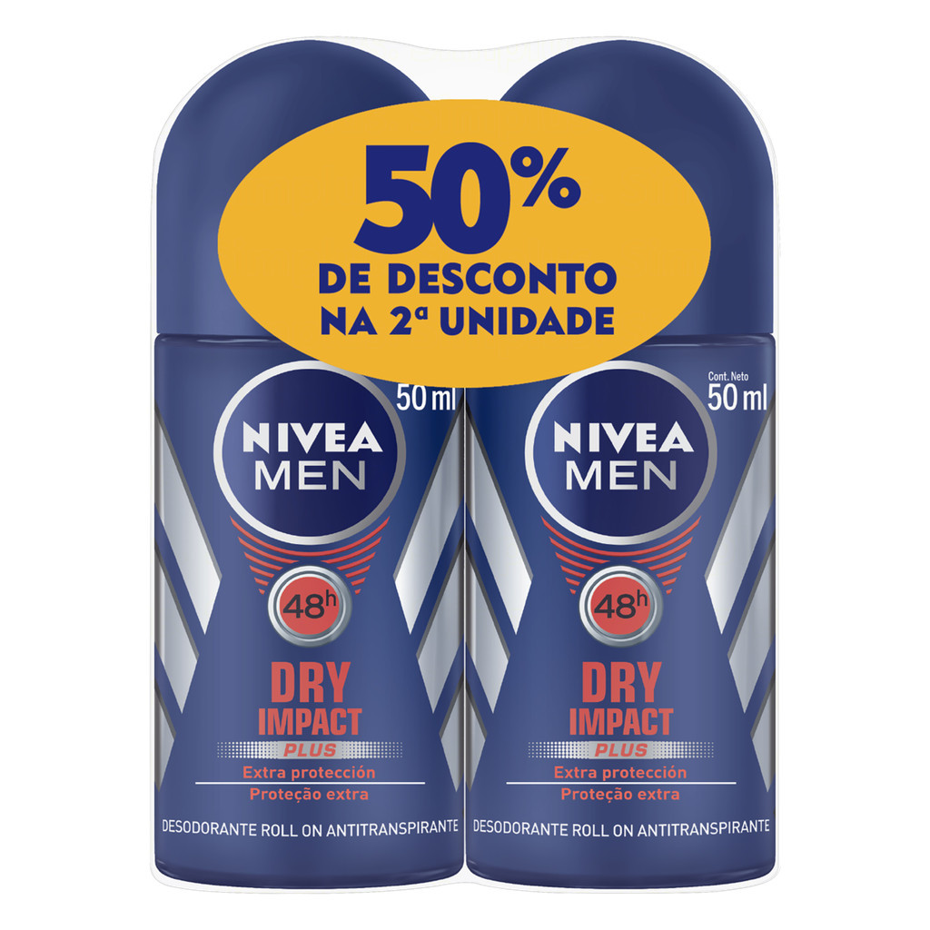 NIVEA Kit MEN Desodorante Antitranspirante Roll On Dry Impact 50ml (50% OFF na 2ª unidade) BBB 26 em Oferta na Shopee