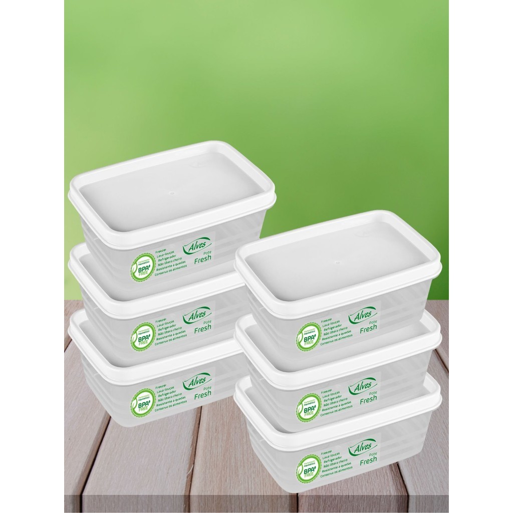 Kit 6 Potes Herméticos 250ml Tampa Branca 11cm Empilhável Lava-Louça Quadrado Tampa Trava Vedação Conserva Mantimento Fr