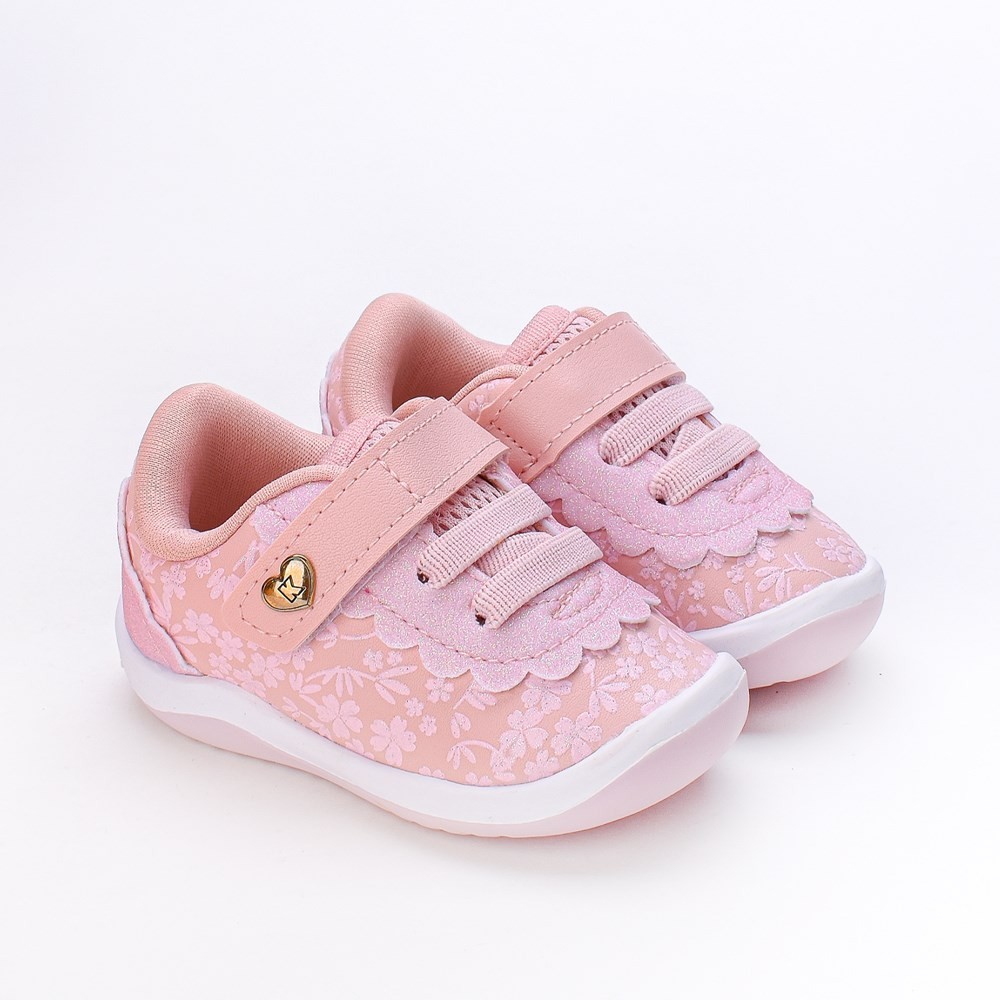 Tênis Infantil Bebê Calce Fácil Menina Kidy Floral com Brilho Rosa Claro - Baby & Kids Fashion