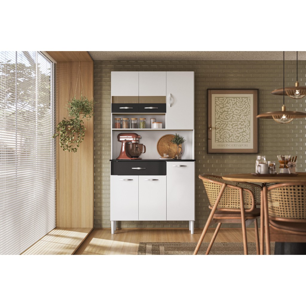 Armário de Cozinha 6 Portas com Nicho Vogue Branco/Linho preto Kits Paraná - Home & Living