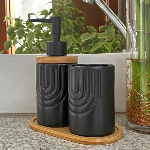 Kit Lavabo Banheiro Bambu Porta Sabonete Líquido Escova 887