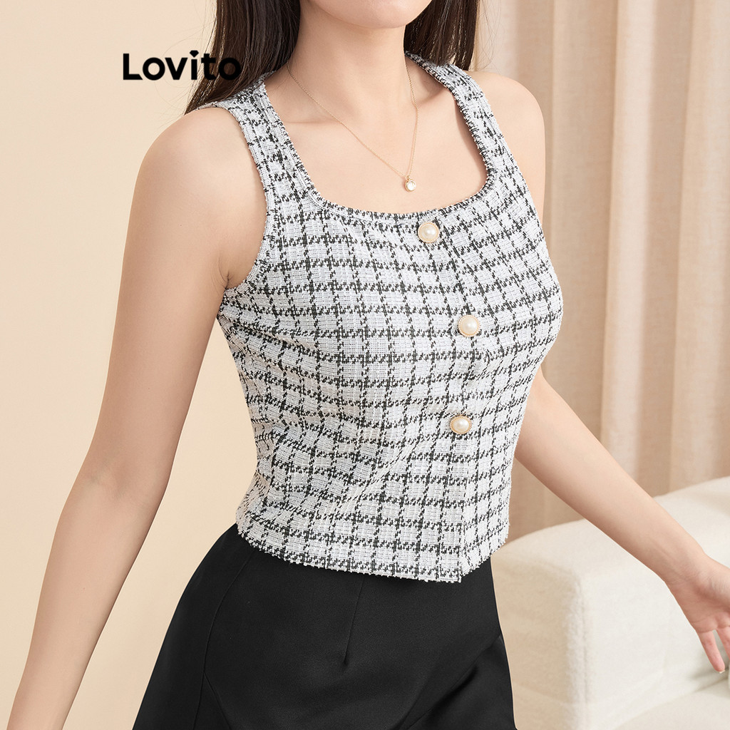 Lovito Regata De Primavera E Verão Casual Pérolas Xadrez Botão Texturizado Regata De Tecido Para Mulheres L121AD1060 - Women Clothes