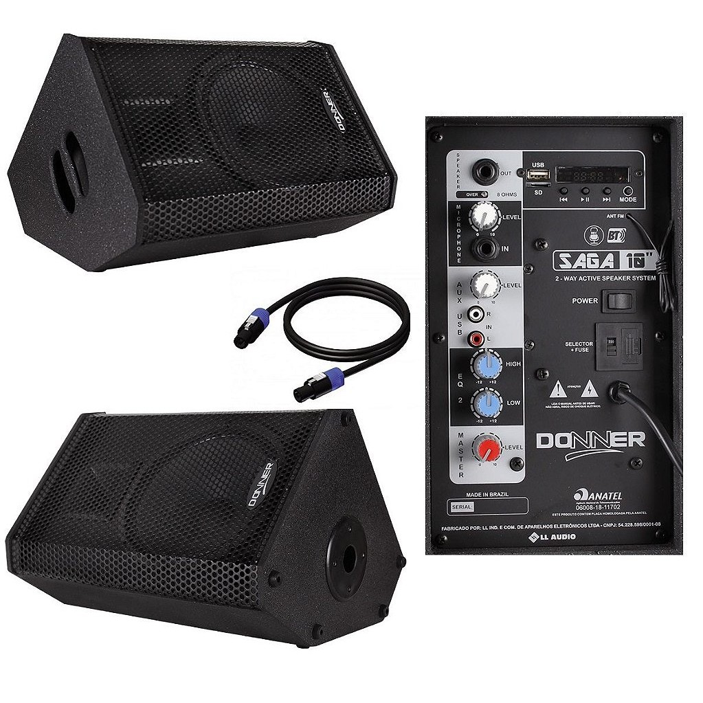 Kit Monitor Retorno ativo 10" + Passiva 200W SAGA + Cabo