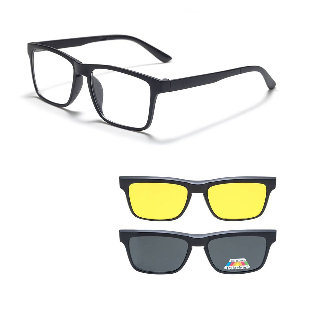 Armação de Oculos Grau e Sol Preto Polarizado Clip On 3 em 1 Masculino Troca Lente Amarelo Dirigir a Noite Mod 2202