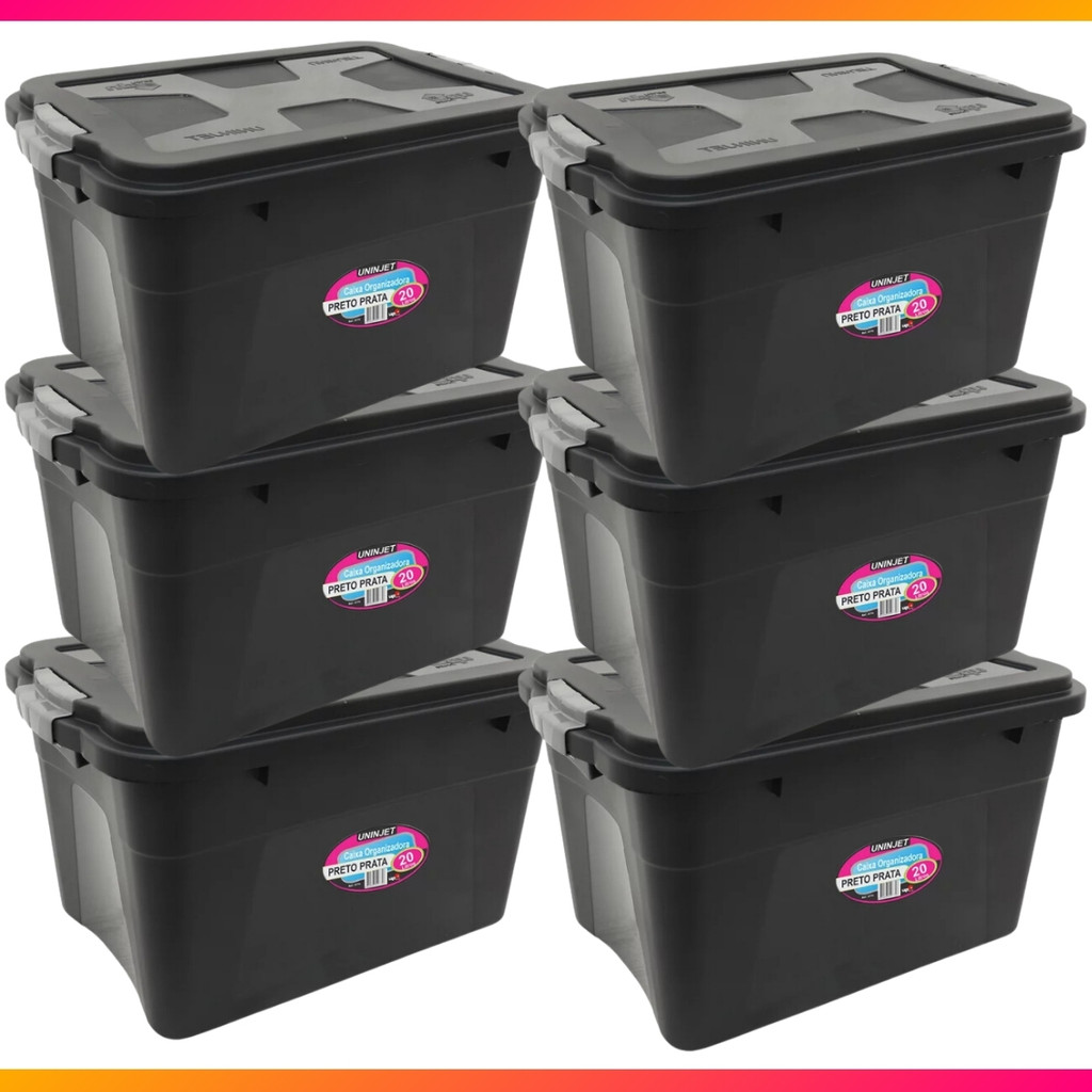 Kit 6 Caixas Com Tampa Para Organizar Objetos Tamanho Grande 20L Com Travas
