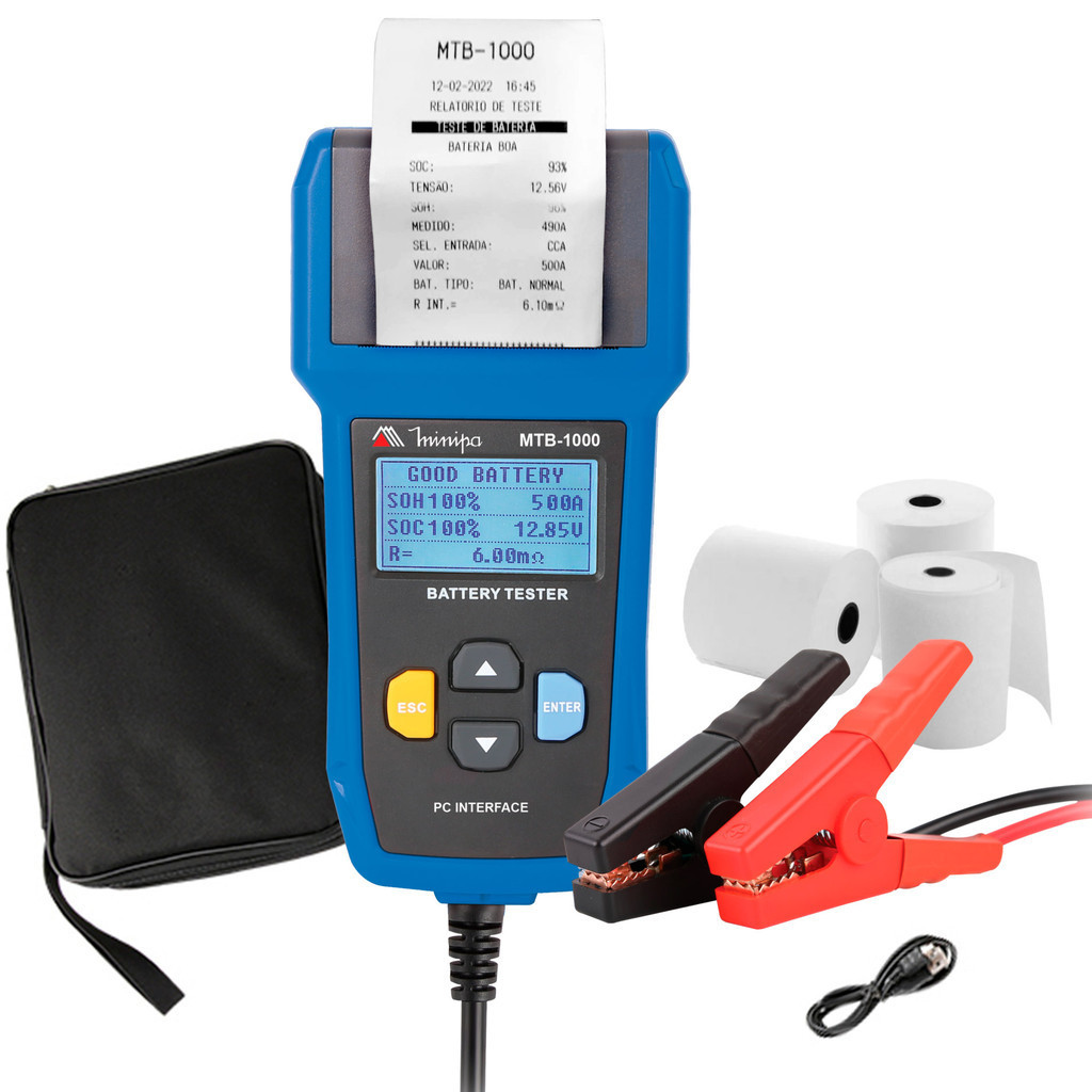 Testador de Bateria Automotiva MINIPA MTB-1000 USB Display LCD 12V 24V com Impressão