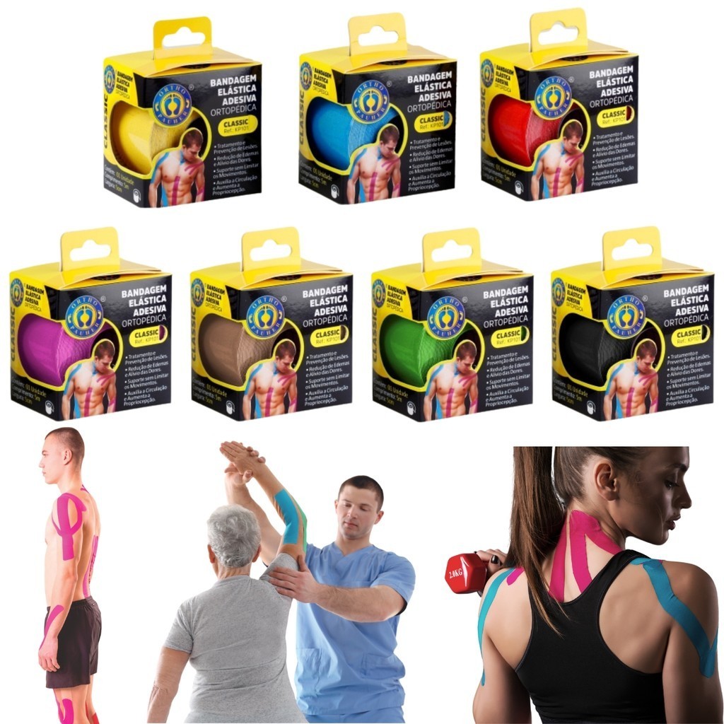Bandagem Elástica Adesiva Ortho Pauher 5m x 5cm - Unidade Kinesio Fisioterapia Fita Hipoalérgica Ortopédica Muscular Facial Taping Funcional Rolo Classic Tape 5m Kband Tmax Aktive Active
