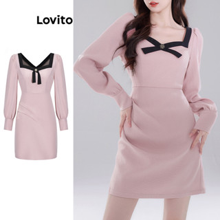 Lovito Casual Vestido Feminino Liso Colorblock com Botão L70AD104 (Rosa)