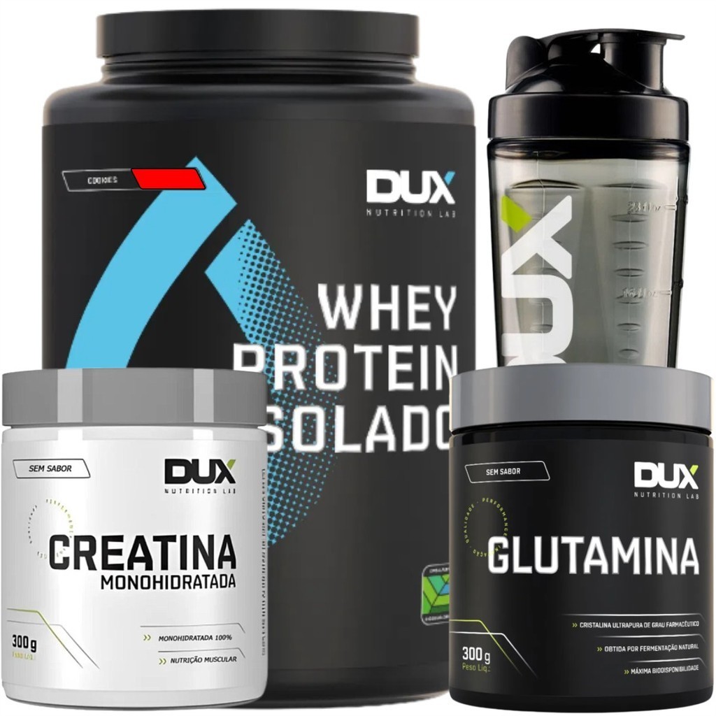Whey Dux Isolado 900g + Creatina Pura 300g + Glutamina Pura 300g + Coqueteleira Dux