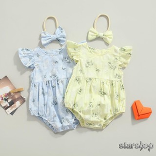 Starshop-Baby Romper Com Fita De Cabelo , Kids Floral Print Round Neck Fly Sleeve Bodysuit + Cabeça Para O Verão , Azul/Amarelo , 0-24 Meses em Oferta na Shopee