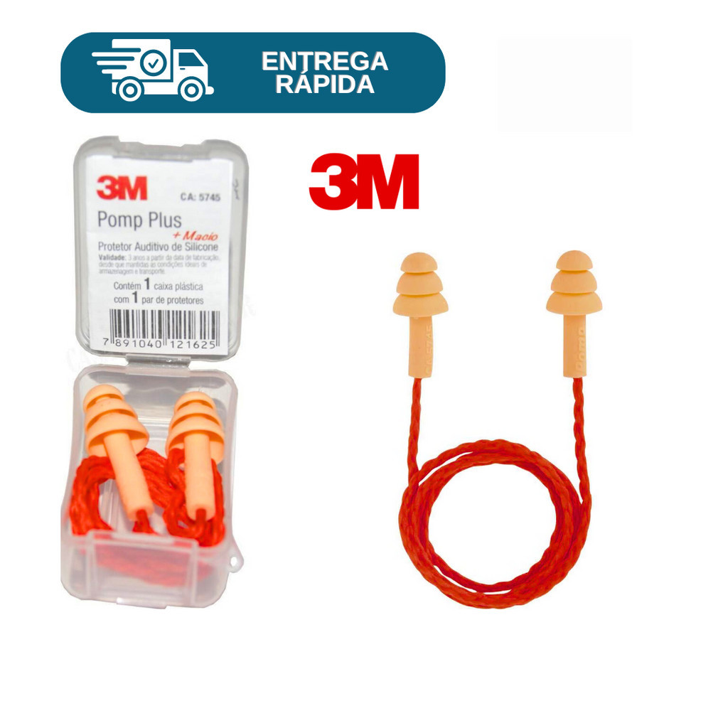 Protetor Auricular Auditivo Plug Silicone Pomp Plus 3M Com Cordão Para Ouvido 19DB Tipo Esportivo