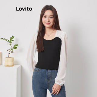 Lovito Elegante Blusa com Babados e Bloco de Cores para Mulheres L74ED107 (Preto e Branco)