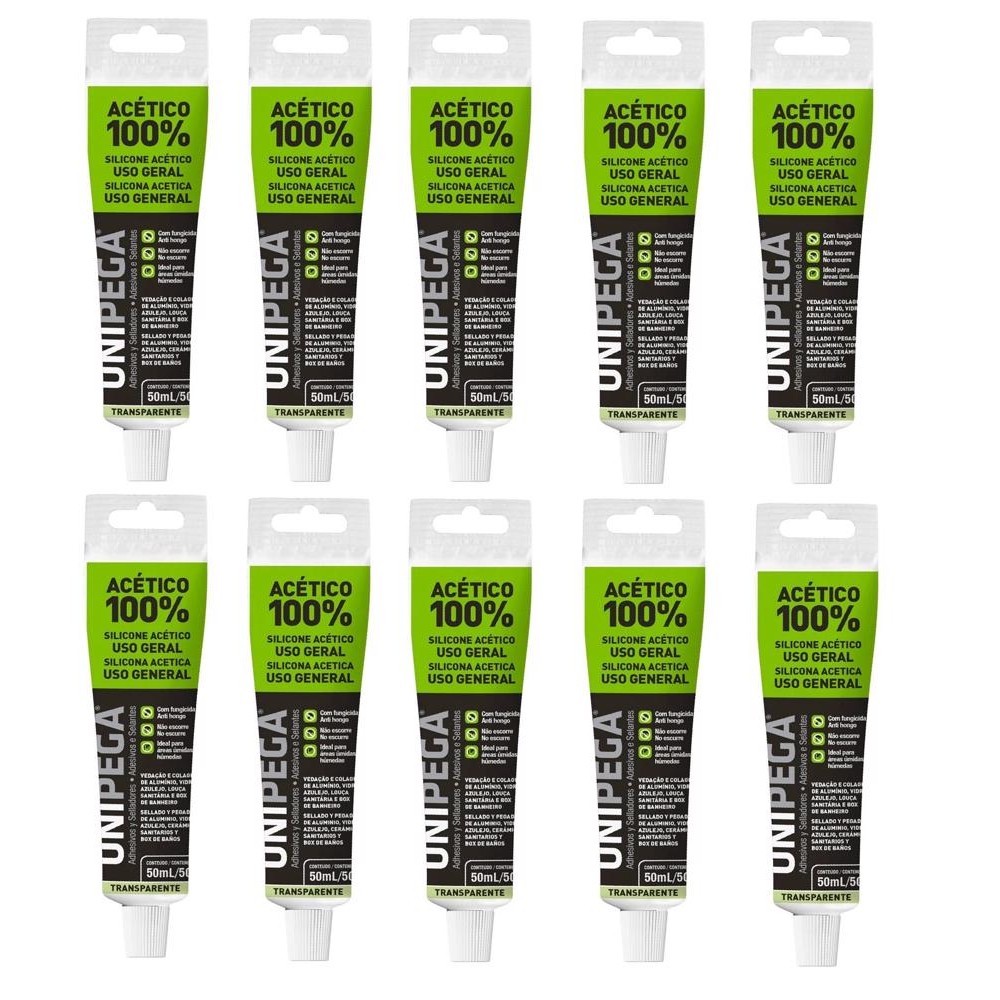 10 pç Silicone Incolor Acético Bisnaga 50 ml Unipega