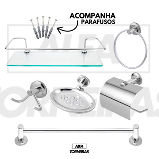Kit Banheiro Acessórios 5 Peças + 1 Porta Shampoo Reto Inox Cromado Porta Toalhas Papeleira Saboneteira em Oferta na Shopee
