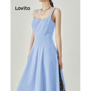 Lovito Vestido Casual De Linha De Estrutura Lisa Para Mulheres LNE33222 (Azul)