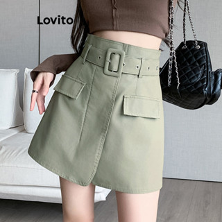 Lovito Saias Casuais Simples Com Bolso Falso Para Mulheres LNE33237 (Cáqui/Preto)