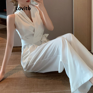 Lovito Casual Macacão Feminino Liso com Botão Frontal LNE30109 (Branco/Preto)