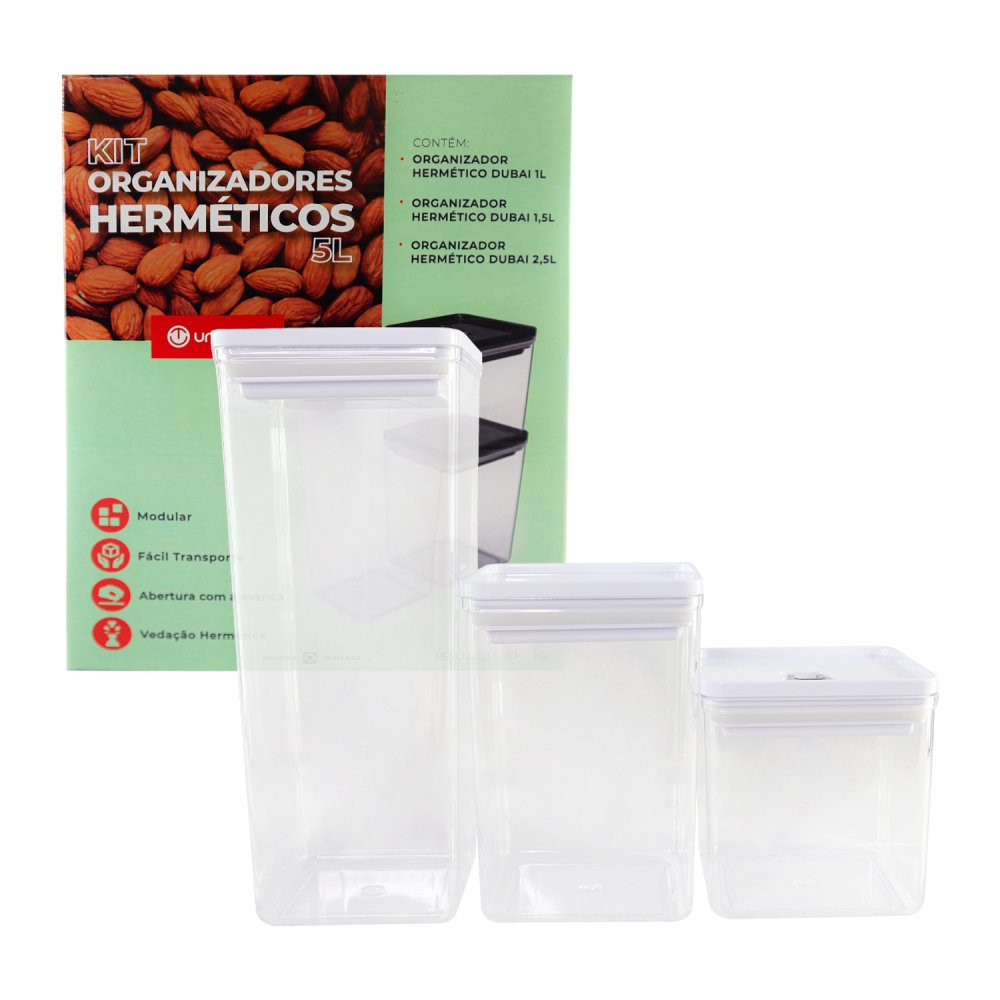 Kit Potes Potinhos Organizador Mantimentos Cereal Hermético  Veda Mesmo Dubai Branco 5 Litros