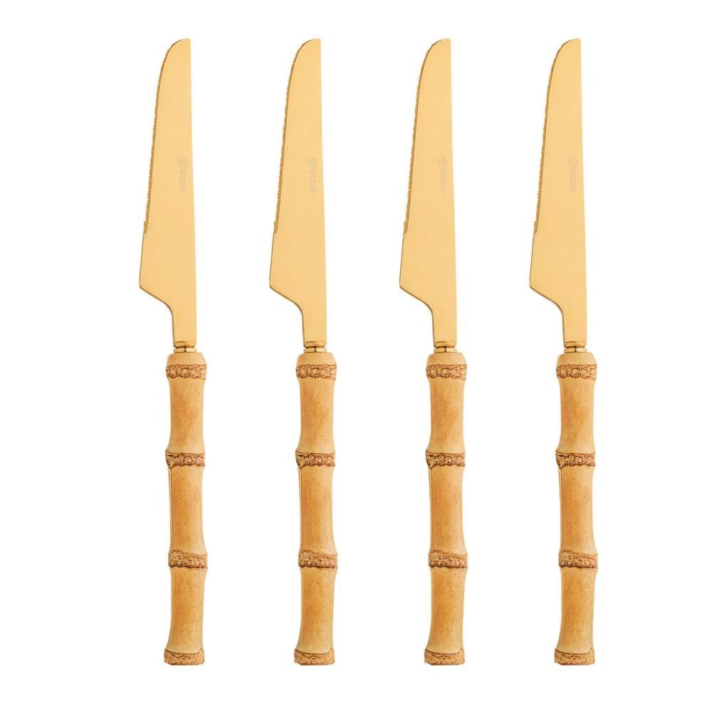 4 Facas de Mesa Wolff Bambu Tulum de Aço Inox Dourado 22cm - Home & Living