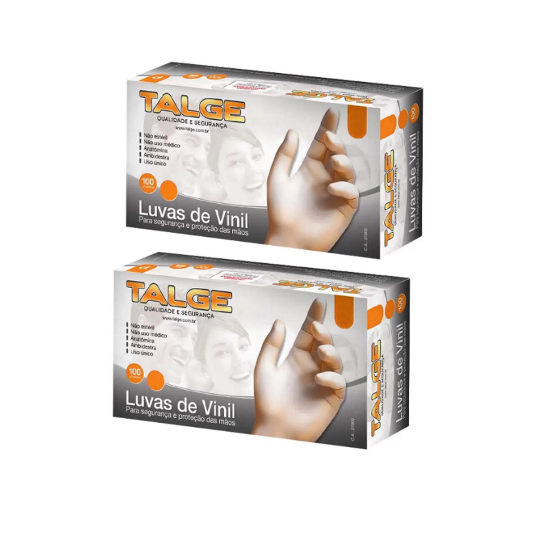 kit 2 Luvas descartáveis Talge Vinil com e sem pó cor transparente 200 unidades Tamanhos P/M/G