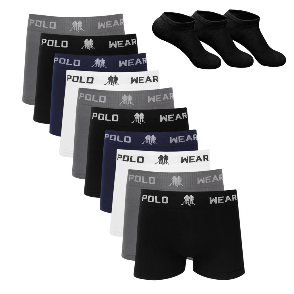 Kit 10 Cueca Boxer Polo Wear Microfibra Sortido + 3 Meias M3