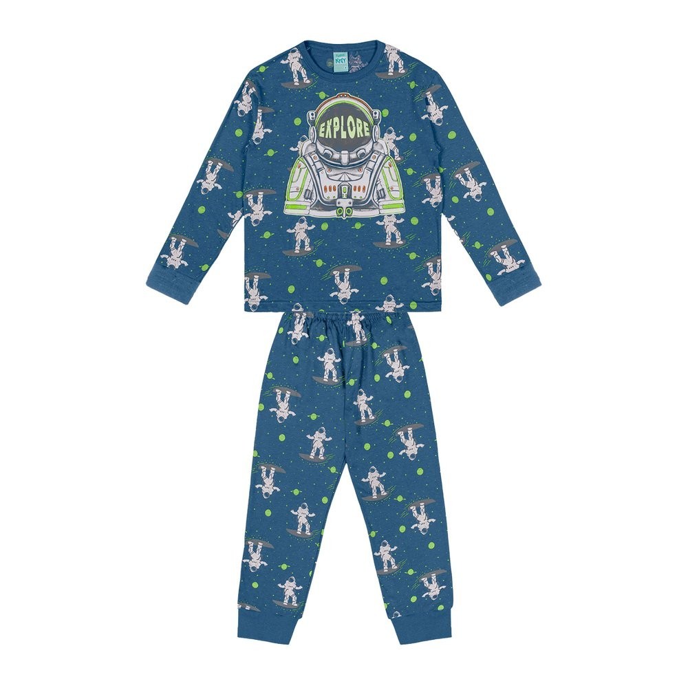 Pijama Menino Camiseta e Calça Astronauta Brilha no Escuro - Kyly em Oferta na Shopee