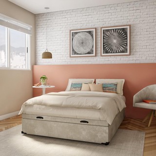 Base para Cama Box Casal Mabel com Baú Suede (47x138x188) Bege em Oferta na Shopee