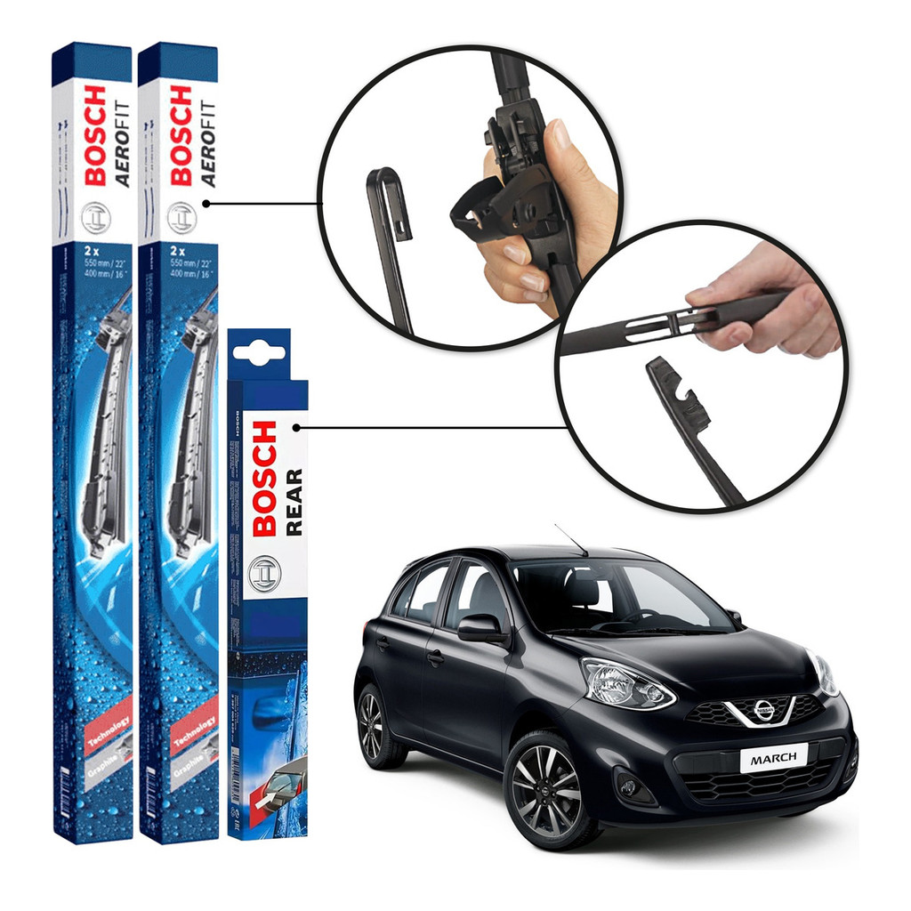 3 Palhetas Parabrisa Dianteira + Traseira Bosch March 2011 A 2018 em Oferta na Shopee