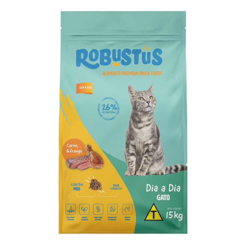 Ração Premium Gato Linha Dia A Dia Adulto Carne E Frango 26% Proteína Completa 15kg Robustus