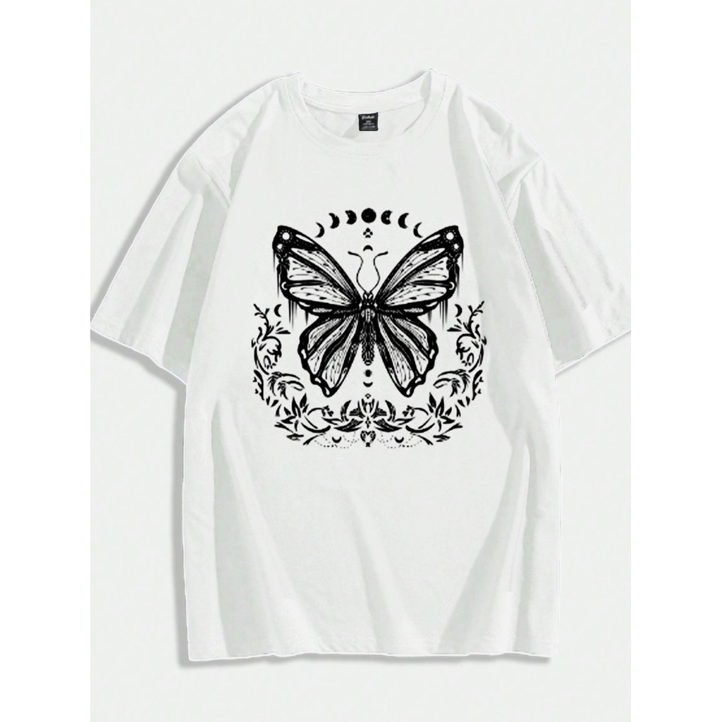 Camiseta Oversized Estampada Borboleta Fases Lua Céu Streetwear Unissex  Confortavel Blusa Feminina