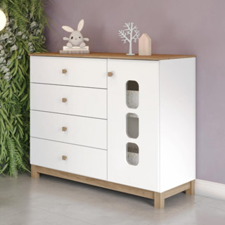 Cômoda Infantil 4 Gavetas 1 Porta com Pés Aconchego Henn em Oferta na Shopee