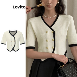 Lovito Casual Jaqueta Feminina Lisa com Costura Contrastante e Botão Duplo L70AD134 (Preto e Branco)