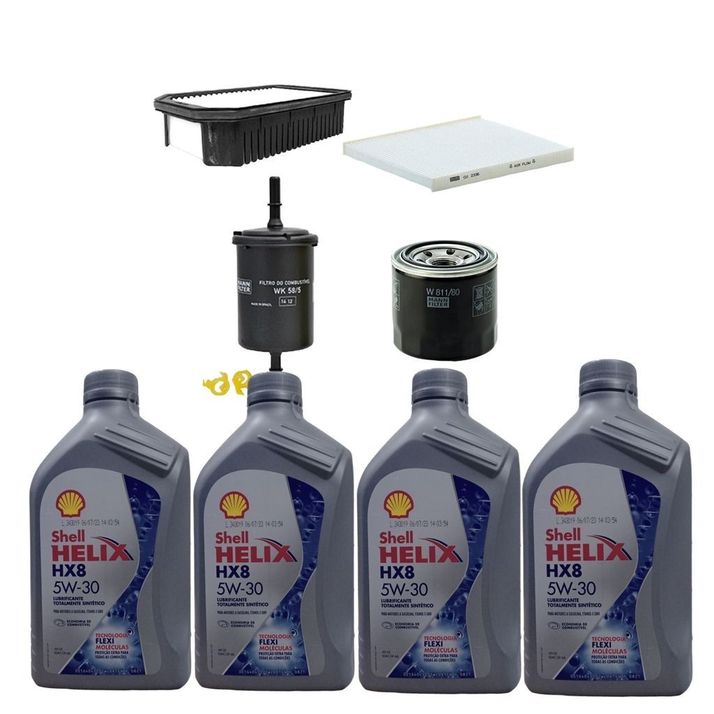 Kit Revisão 4 Litros de Óleo Shell Helix 5W30 Sintético HX8  + Kit de Filtros Mann Filter HB20 16V Flex 2012 até 2019