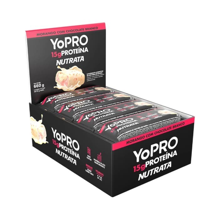 Barra de Chocolate Branco com Morango Yopro 55g Nutrata - Display 12 un