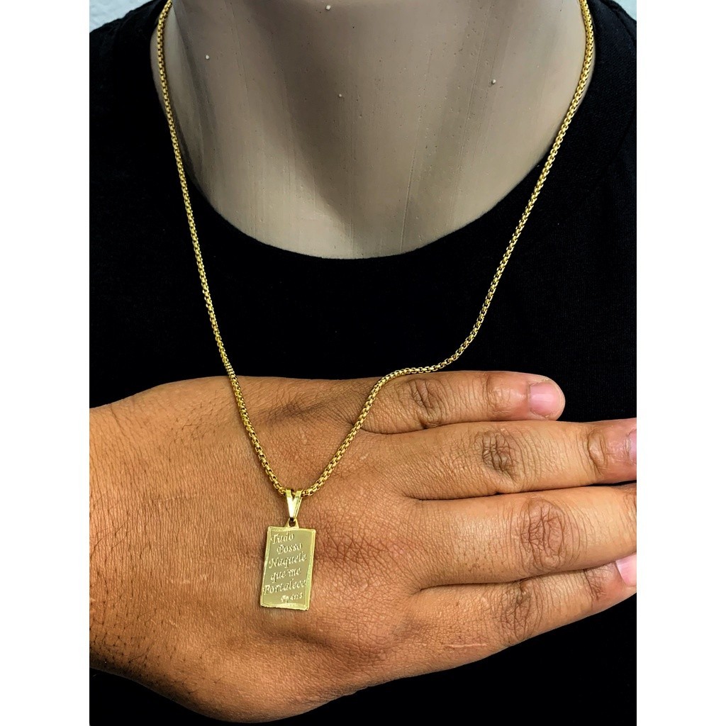 Corrente correntinha cordão banhado a ouro 18k veneziana fina pingente tudo posso naquele que me fortalece Banhado a ouro 18K Banho Triplo EXCLUSIVO Cordão Corrente LE BIJOUX conjunto kit